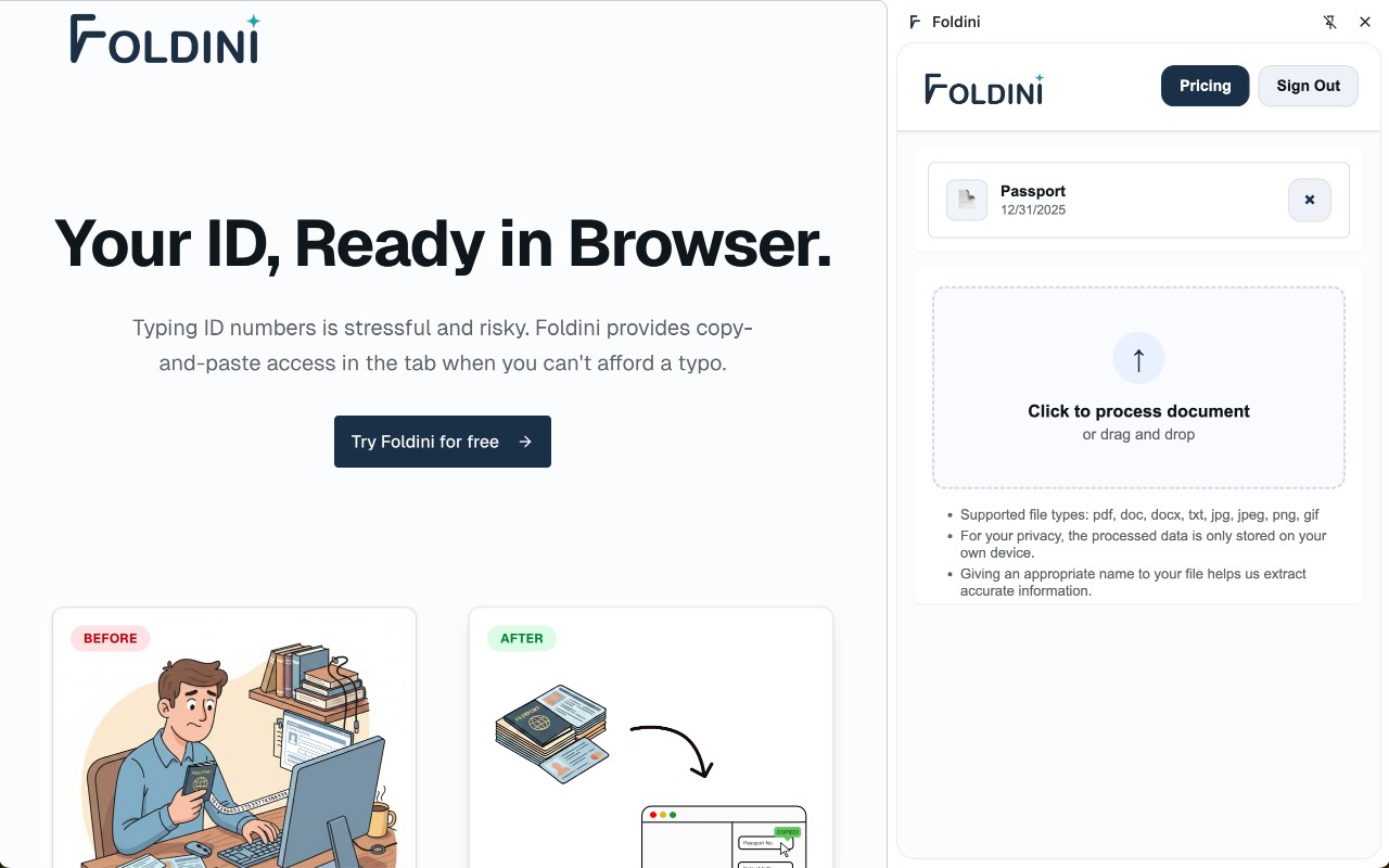 Foldini sidebar open alongside the landing page with document upload